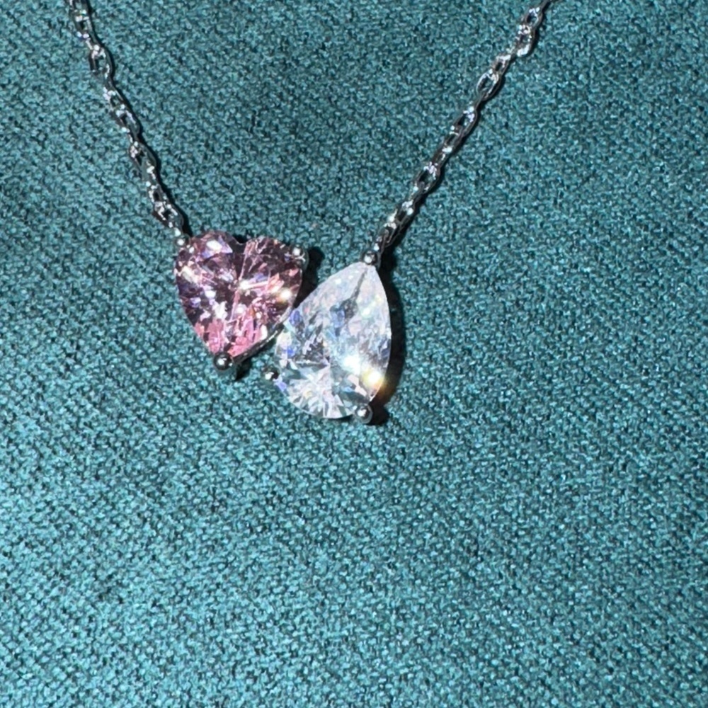 Pink Heart White Pear-Shaped Cubic Zirconia You & Me Necklace in Sterling Silver - Picture 14 of 16